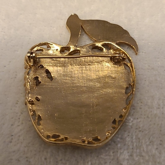Gold tone and red with faux diamond's apple brooch - Picture 3 of 4